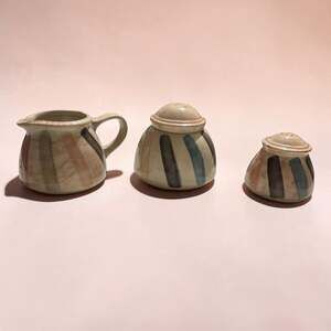 Bloomingville Allium Ceramic Sugar Bowl, Cream Pitcher, and Salt Shaker Set